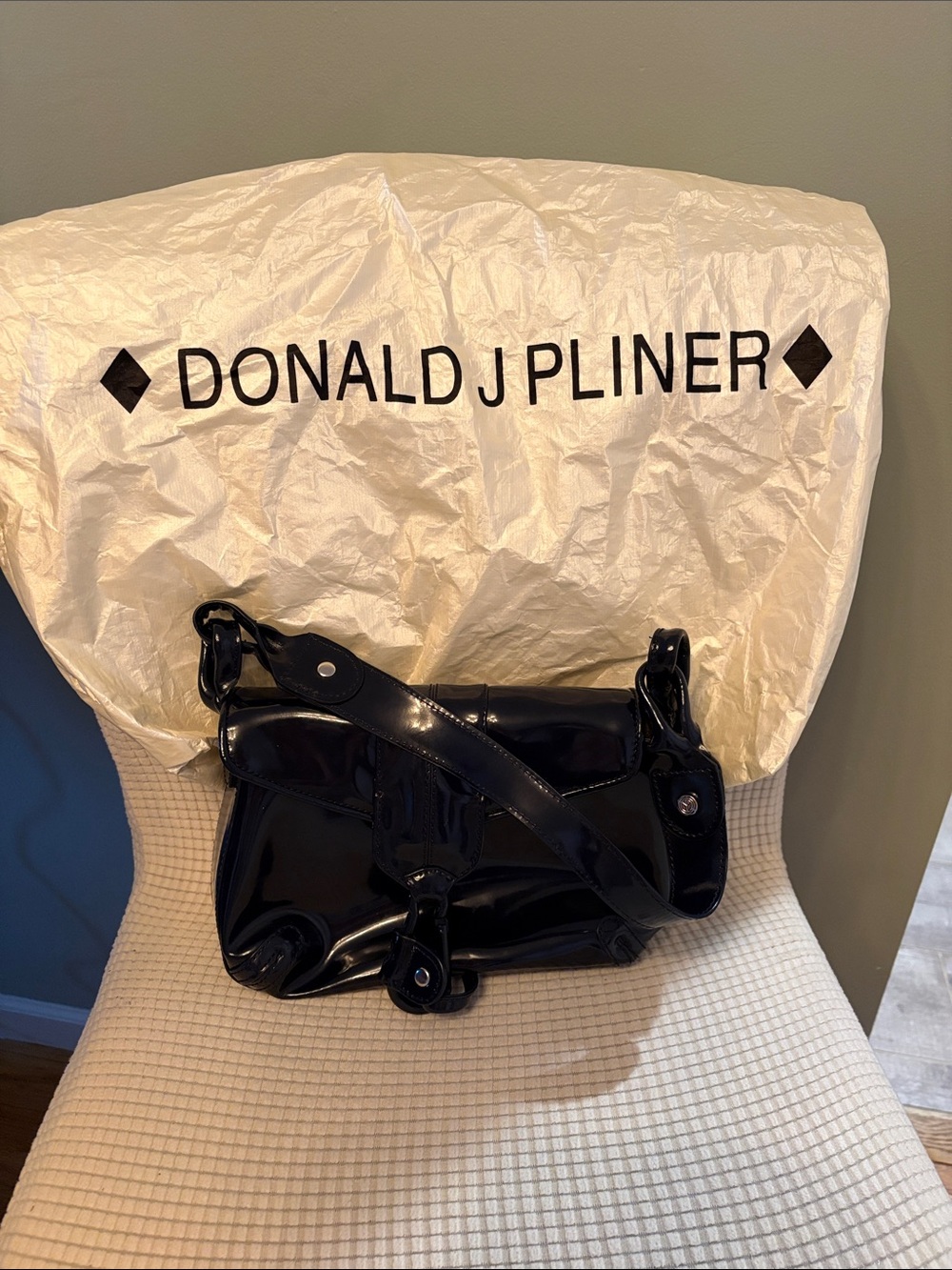 Donald J Pliner Black Patent Shoulder Bag with Shiny Finish